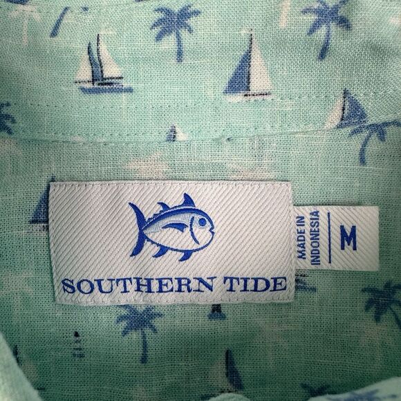 Southern Tide Shirt Mens Medium Seascape Print Linen Blend Hawaiian Resort Vaca - Picture 4 of 10
